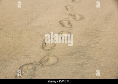 Des traces de pas dans le sable au coucher du soleil. Belle plage tropicale de sable . Traces sur la rive. Banque D'Images