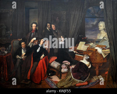 Le tableau Liszt am Flügel de Josef Danhauser, datant de 1840, présente le pianiste-compositeur hongrois Franz Liszt au piano entouré d'un cercle de figures littéraires et musicales, avec un buste de Ludwig van Beethoven sur l'instrument, reflétant la culture du salon de Vienne au début romantique. Beethoven-Haus Bonn+2bildindex.de+2 Banque D'Images