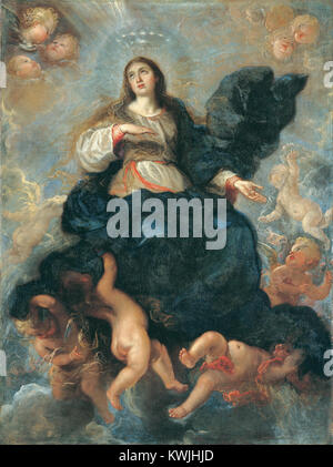 Cette peinture de Juan Carreño de Miranda (c.1614-1685) intitulée L'Assomption de la Vierge (c.1657) est une huile sur toile (167 × 125 cm) actuellement à Bilbao, Espagne. Il représente la Vierge Marie assumée au ciel, flanquée d'anges, dans un style baroque influencé par les traditions flamandes et vénitiennes.  :ContentReference[oaicite :0]{index=0} Banque D'Images