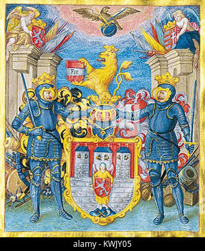 L'emblème de la ville de České Budějovice de 1648 montre un bouclier triangulaire gothique rouge avec un mur à damiers en argent dans la moitié inférieure et trois tours rondes en argent surmontées de toits coniques dorés ; la tour centrale porte un bouclier rouge avec un lion à deux queues en argent symbolisant les privilèges historiques de la ville sous Ferdinand III. encyklopedie.c-budejovice.cz+1 Banque D'Images