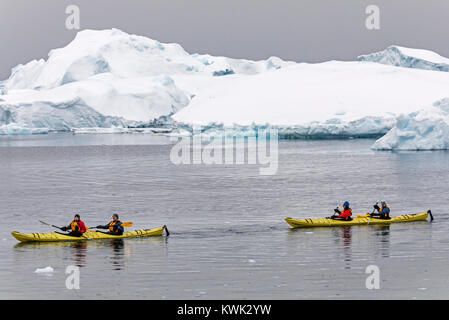 Les kayakistes explorer l'Île Cuverville couvertes de neige ; l'Antarctique Banque D'Images