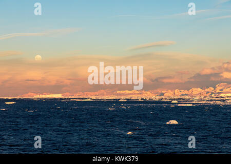 Pleine lune s'élève au-dessus de l'Antarctique ; paysage Rongé ; île de la péninsule Arctowski Banque D'Images