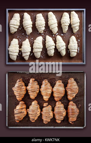 Avant et après le croissant frais avec du chocolat placé dans un bac en acier inoxydable Banque D'Images