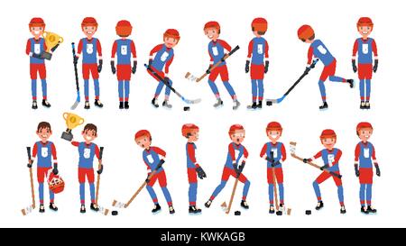 Joueur de Hockey sur glace moderne vecteur. Différentes poses. Sportif dans l'action. Télévision Cartoon Illustration Illustration de Vecteur