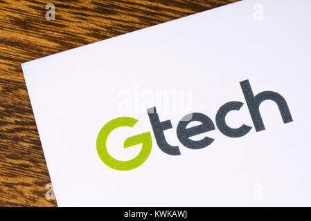 Londres, Royaume-Uni - 18 déc 2017 : le Gtech logo sur un dépliant publicitaire, le 18 décembre 2017. Gtech, également connu sous le nom de technologie gris, dessins Banque D'Images