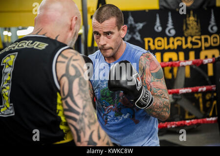 L'ancien lutteur de la WWF, CM Punk (Phil Brooks) entraîne à Roufusport Sport et MMA Academy à Milwaukee, Wisconsin. Banque D'Images