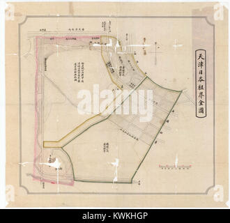 Carte historique montrant la zone de concession japonaise à Tianjin, en Chine, au début du XXe siècle. La carte détaille les rues, les zones administratives et les points de repère importants dans le district contrôlé par des étrangers établi après la rébellion des Boxers. Banque D'Images