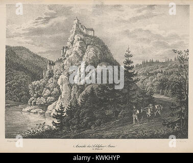 Cette œuvre de Jan Řehoř Greger présente Oravský Hrad (château d'Orava) en Slovaquie, mettant en évidence la structure architecturale et l'environnement naturel de ce monument historique. Banque D'Images