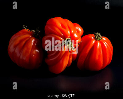 Trois grosses tomates Beefsteak sur fond noir Banque D'Images