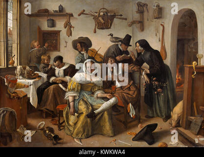 *Beware of Luxury* (*In Weelde Siet Toe*) de Jan Steen, une peinture baroque néerlandaise, présente une scène intérieure nationale illustrant des thèmes moraux sur l’excès et l’indulgence aux pays-Bas du XVIIe siècle, caractéristiques du style humoristique mais didactique de Steen. Banque D'Images