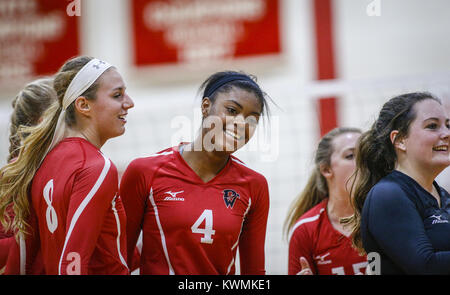 Davenport, Iowa, États-Unis. 13 Sep, 2016. Davenport West's Sara Weisrock (8), Camauri Stokes (4) et Madi Tomlinson (27, à droite) célébrer un gain de jeu de leur match à Davenport Ouest High School le mardi 13 septembre, 2016. Davenport Ouest Nord défait Scott dans trois Credit : Andy Abeyta/Quad-City Times/ZUMA/Alamy Fil Live News Banque D'Images