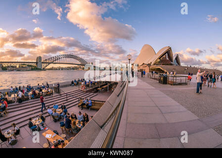 Sydney, Australie - Les touristes et les habitants prendre boissons et happy hour au coucher du soleil sur une chaude soirée d'été près de l'Opéra et le Harbour Bridge. Banque D'Images