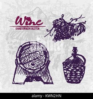 Vecteur numérique couleur de ligne détaillé vin d'art en bois baril avec robinet, ancien lanceur et de l'illustration rétro à la main. Contours minces. Vinta Illustration de Vecteur