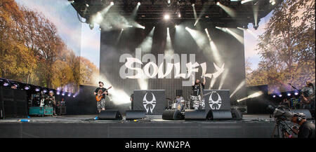 Le groupe de metal américain Soulfly effectue un concert live au Théâtre Barclaycard scène à l'heure d'été britannique festival 2014 à Hyde Park, Londres. UK 04.07.2014. Banque D'Images