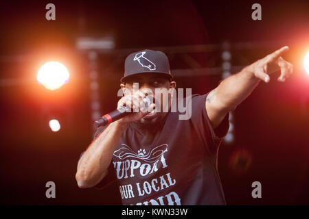 Le groupe de hip-hop américain Cypress Hill effectue un concert live à la British music festival Lovebox à Londres 2015. Ici Sen Dog rappeur est représenté sur scène. Royaume-uni, 17/07 2015. Banque D'Images