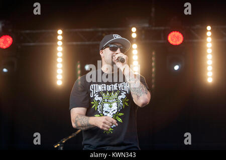 Le groupe de hip-hop américain Cypress Hill effectue un concert live à la British music festival Lovebox à Londres 2015. Ici le rappeur B-Real est représenté sur scène. Royaume-uni, 17/07 2015. Banque D'Images