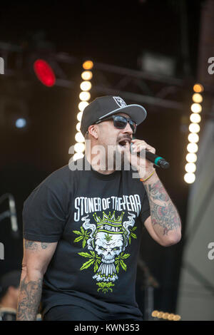 Le groupe de hip-hop américain Cypress Hill effectue un concert live à la British music festival Lovebox à Londres 2015. Ici le rappeur B-Real est représenté sur scène. Royaume-uni, 17/07 2015. Banque D'Images