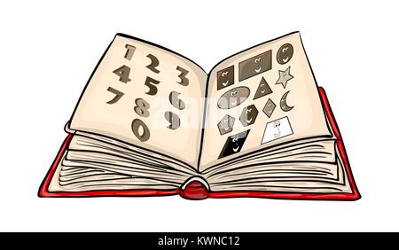 Caricature livre ouvert avec des nombres et des formes isolées sur fond blanc Illustration de Vecteur