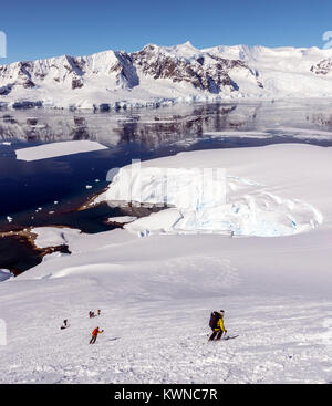 Telemark ski alpin et ski alpin les alpinistes dans l'Antarctique ; l'Île Nansen Banque D'Images