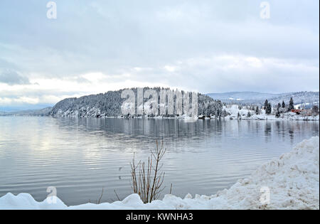 Un paysage hivernal composé d'une colline de sapins sur les rives du Lac de Joux en Suisse avec des reflets dans l'eau, le tout recouvert de neige. Banque D'Images