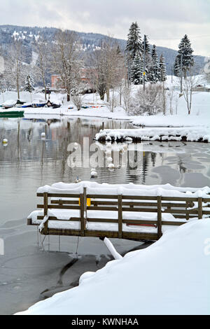 La rive du lac gelé de Joux dans les montagnes du Jura (Suisse), avec des collines et un stade couvert de neige les débarquements dans l'avant-plan. Banque D'Images