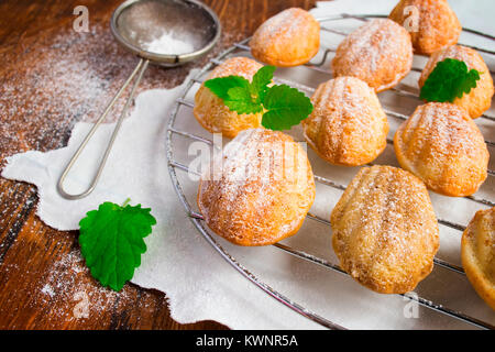 Les cookies fraîchement sortis de la crépine, madeleines au sucre en poudre. Banque D'Images