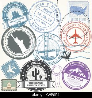 United States travel stamps set - USA voyage landmarks Illustration de Vecteur