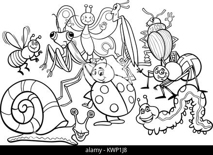 Illustration Cartoon noir et blanc d'insectes et de personnages de bande dessinée Animal Bugs Livre à colorier de groupe Illustration de Vecteur