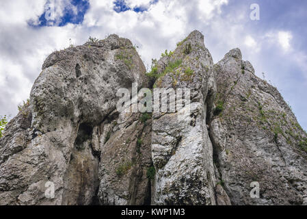 Rochers près de château en village Ogrodzieniec Podzamcze, Jura polonais dans la région de voïvodie de Silésie Pologne du sud Banque D'Images