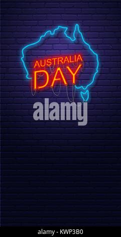 L'Australie 24. L'enseigne au néon sur mur de brique. Carte de l'Australie. Fête nationale australienne. Bannière verticale modèle. Illustration de Vecteur