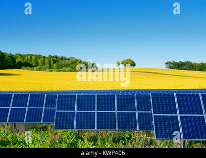 Les cellules d'énergie solaire, champ de colza et un ciel bleu Banque D'Images