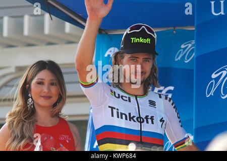 Peter Sagan en tenant le podium après sa victoire de l'étape 1 à l'Amgen Tour de Californie 2016 Banque D'Images