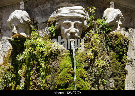 TOURVES, FRANCE - CIRCA JUILLET 2015 têtes de pierre et la fontaine à l'angle de l'église de Tourves Banque D'Images