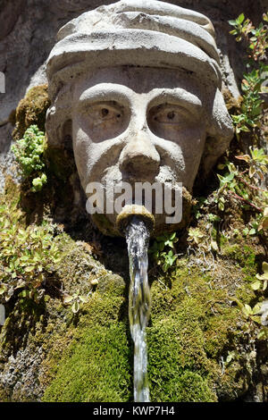 TOURVES, FRANCE - CIRCA JUILLET 2015 Tête en pierre et fontaine à l'angle de l'église de Tourves Banque D'Images