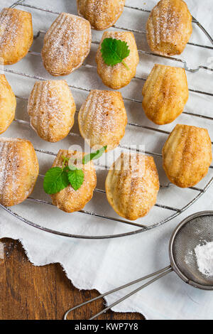 Cookies madeleines du, tamis de sucre en poudre et la menthe Banque D'Images