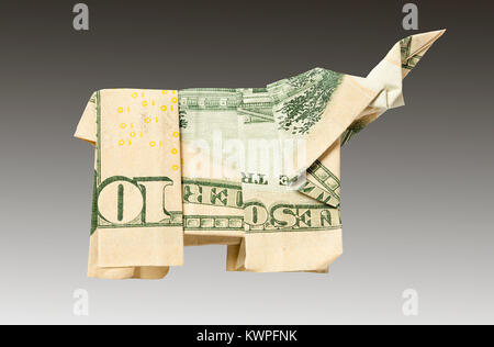 Un éléphant origami plié à partir d'un billet de dix dollars US Banque D'Images