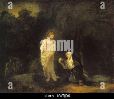 Cette œuvre de Rembrandt, intitulée 'Noli me tangere', représente le Christ apparaissant à Marie-Madeleine après sa résurrection. La peinture explore le moment émotionnel de reconnaissance et d’interaction divine. Banque D'Images