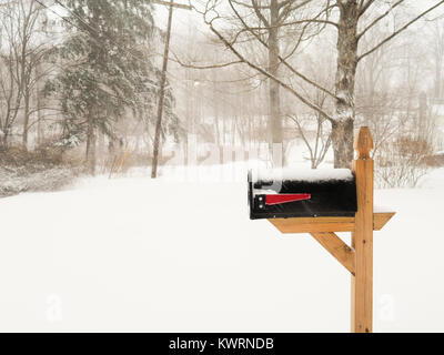 Chappaqua, NY, USA. 4 janvier, 2018. "Ni la neige ni la pluie, ni la chaleur ni ténèbres de nuit ces messagers de l'achèvement rapide de leurs tours nommé", bien mis en granit sur l'entrée de New York City's main Post Office, qu'il n'est que la devise non officielle de l'US Postal Service, par leur historien. La livraison du courrier de la neige suspendue dans certaines banlieues de New York aujourd'hui. Citer les guerres perses par Hérodote fait référence à la montée des Perses qui ont livré les courriers postaux mail pendant la guerre avec la Grèce en 500-449 av. crédit : 2018 Marianne Campolongo/Alamy Live News Banque D'Images