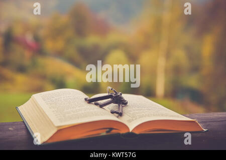 Vintage keys sur un livre ouvert avec fond coloré d'automne Banque D'Images