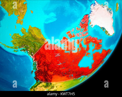 Carte du Canada en rouge vu de l'espace sur la planète Terre avec bordures blanches. 3D illustration. Éléments de cette image fournie par la NASA. Banque D'Images