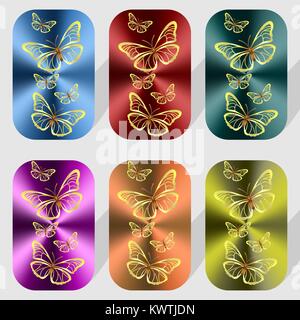 Étiquettes Multi-couleur jaune avec des papillons de différentes tailles Illustration de Vecteur