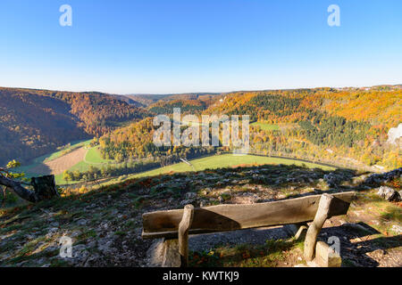 Leibertingen : Donau-Durchbruch (Danube), banc, Schwäbische Alb, Jura souabe, Bade-Wurtemberg, Allemagne Banque D'Images