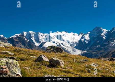 Le Piz Bernina et glacier Morteratsch, vue du Paradis Hutte, Engadine, Suisse. Banque D'Images