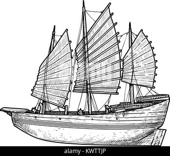 Junk Boat illustration, dessin, gravure, encre, dessin au trait, vector Illustration de Vecteur