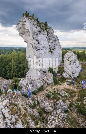 Rochers près de château en village Ogrodzieniec Podzamcze, Jura polonais dans la région de voïvodie de Silésie Pologne du sud Banque D'Images