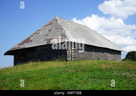 Cabane en bois avec bois de chauffage près du mur sur la colline verte à Alpes Suisses, Suisse Banque D'Images