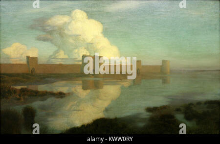 Une peinture de l’artiste français Émile-René Ménard représentant la ville fortifiée d’Aigues-mortes dans le sud de la France, mettant en valeur ses murs médiévaux et le style atmosphérique de l’artiste. Banque D'Images