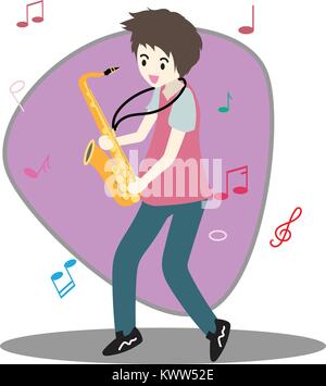 Jeune garçon à jouer du saxophone heureux aime la musique Contexte character design illustration vecteur en style cartoon Illustration de Vecteur