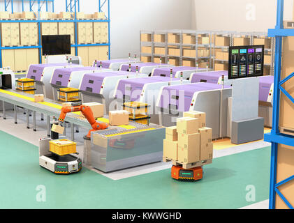 Smart factory équiper d'AGV, les imprimantes 3D et bras robotique. Le rendu 3D image. Banque D'Images
