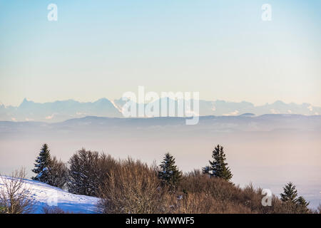 Belle vue sur les Alpes depuis les Vosges sur la fin de l'après-midi en hiver, France. Banque D'Images